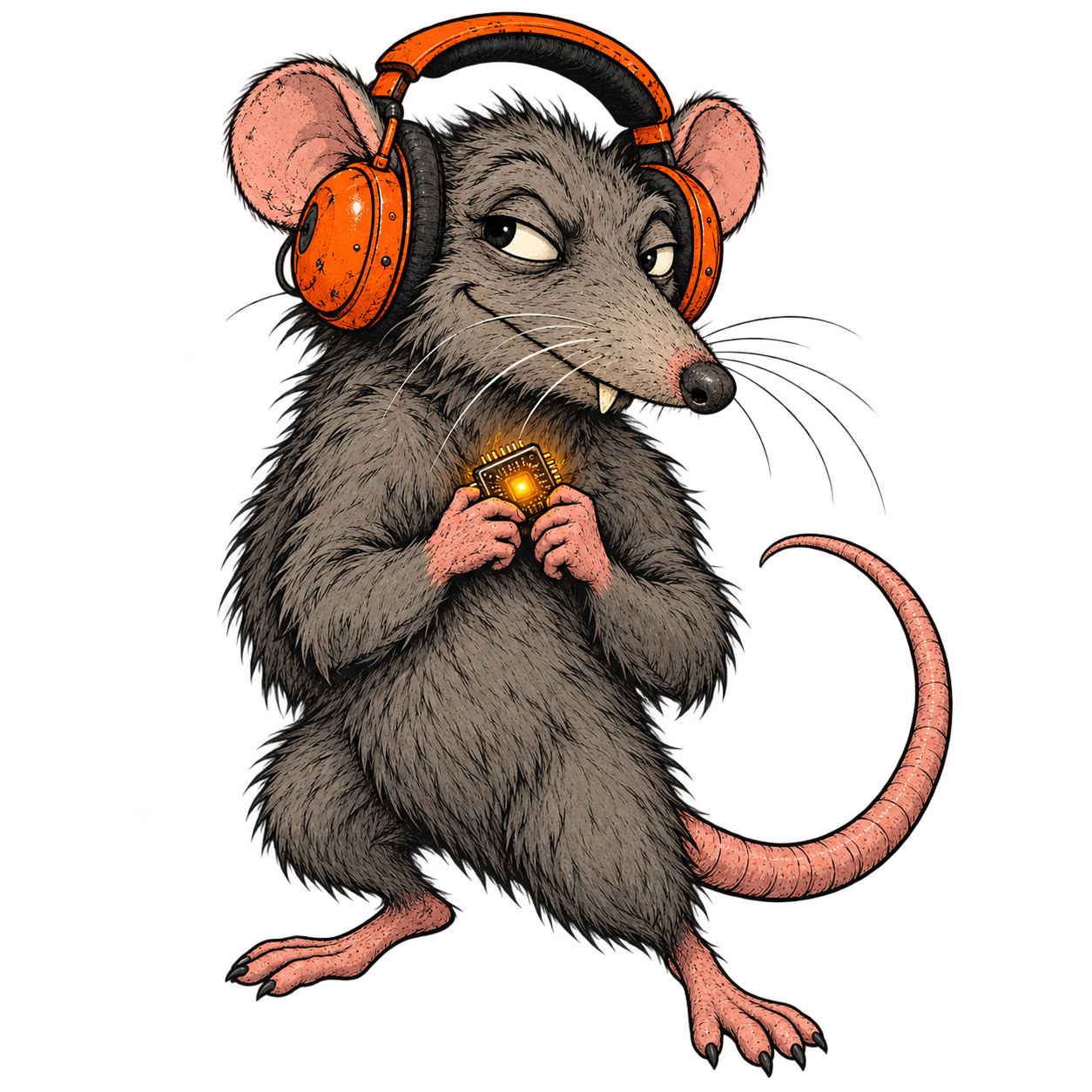 RAT, a gray rat with orange headphones and a glowing chip